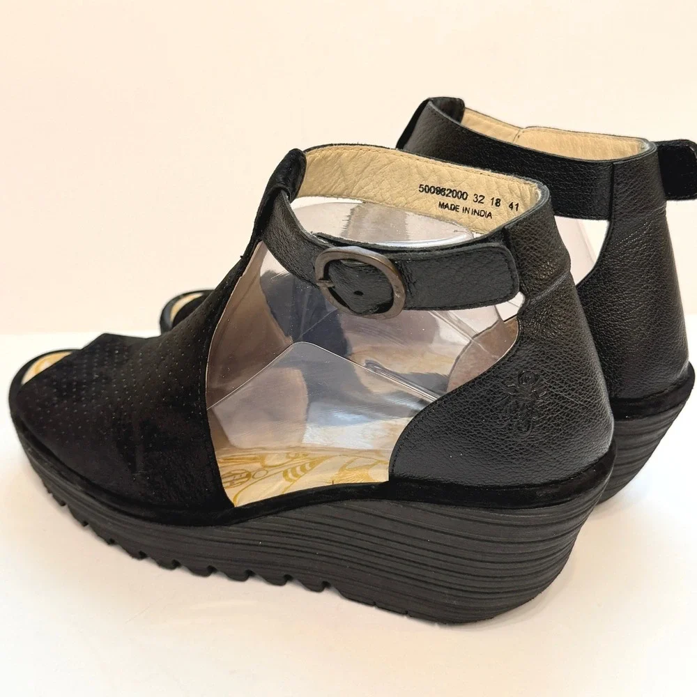 Fly London Yala Black Leather Suede Perforated Wedge Sandals Size 41 US 10-10.5